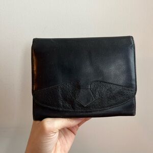 Vintage Leather Black Flap Wallet w/ two interior divider and mirror